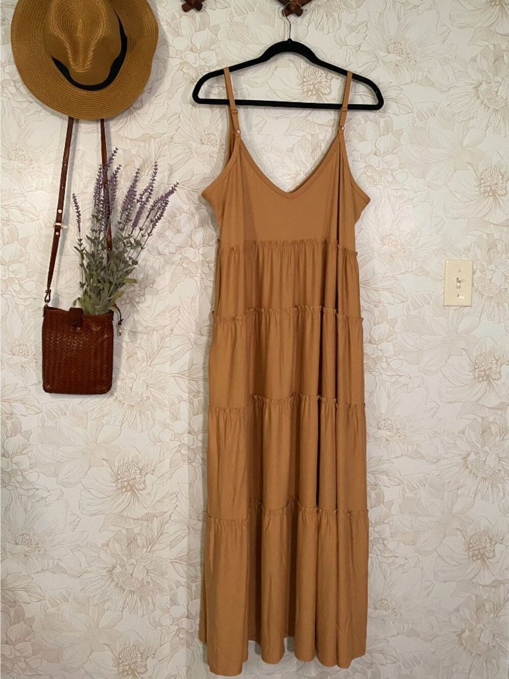 Zenana Tiered Sleeveless Maxi Dress Adjustable Straps Camel Color 1X